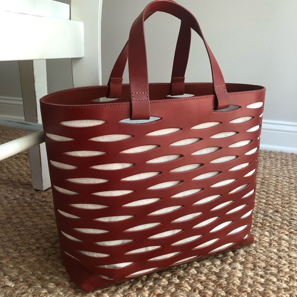 New: Mark & Graham Structured Laser Cut Leather Open Tote w Linen Blend Lining